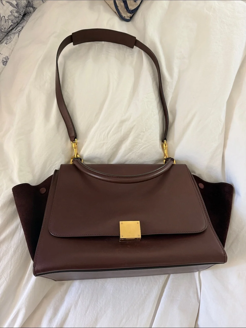 Burgundy Celine Leather and Suede Shoulder Bag with Gold Hardware